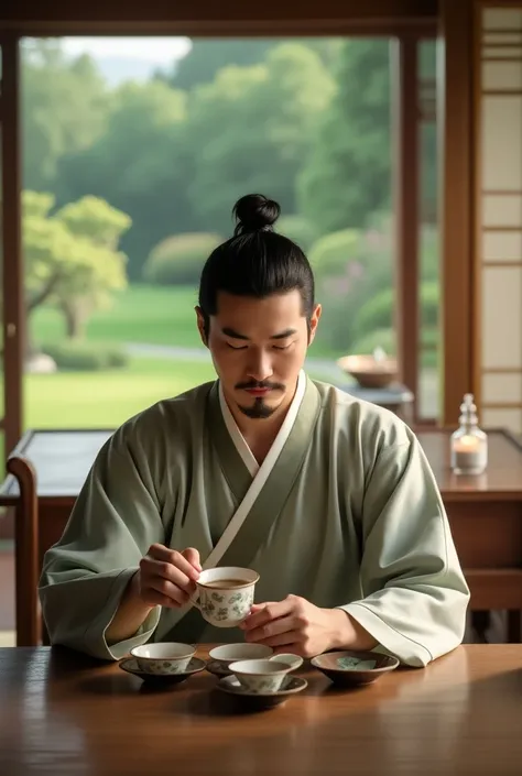 A korean man drinking tea in the dining  hall table . 
&  his face is looking  clear  . Out  side  lokking garden scene 