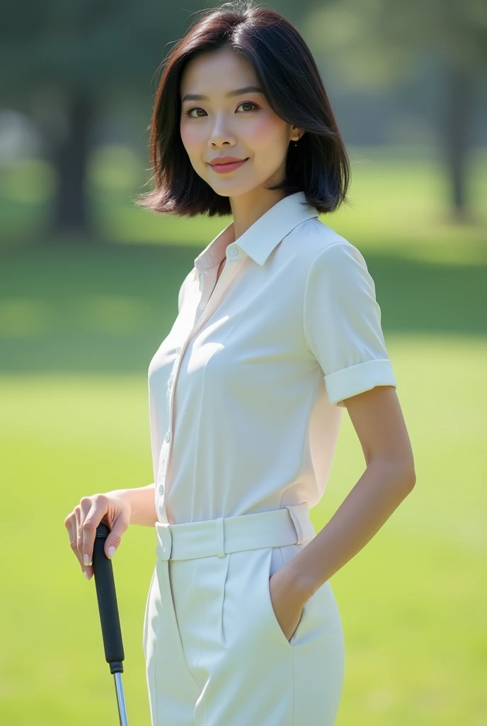 photorealistic, portrait of a news anchor woman, smart middle age Chinese woman, moderate body, stylish short black hair, smart looking & professional, dressed in casual white golf suit , 3/4 full body in view, and playing golf