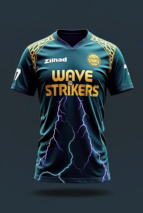 Please make a cricket team gersey  . team name "The Wave staiker " Back side player name " Zihad " number 97 . color is perpel,green, blue,and gloden  . also electrical wave add

Cricket Jersey Design
Color Scheme

Base Colors: Dark purple and deep green s...