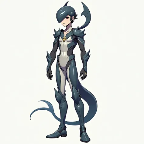  Full size image ,  full body, from head to toe,  in profile and in front of , Young boy, 19 years old, male anime character ,  the Bluefish ,  armor based on his animal spirit, warrior, fighter,  with metal armor , full body armor,  armor fights ,  taking...