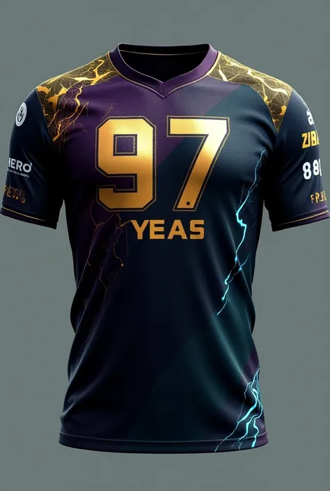 Please make a cricket team gersey  . team name "The Wave staiker " Back side player name " Zihad " number 97 . color is perpel,green, blue,and gloden  . also electrical wave add

Cricket Jersey Design
Color Scheme

Base Colors: Dark purple and deep green s...