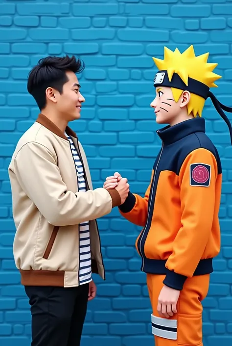 

Create a detailed image composition featuring a real-life young Asian man shaking hands with a cartoon style version of Naruto, standing against a blue brick wall. The man is dressed in casual business attire, wearing a cream bomber jacket with brown tri...