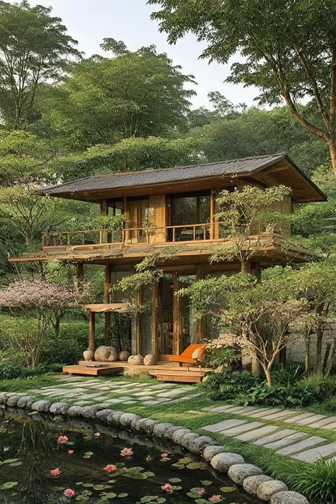 this image depicts a tranquil japanese garden scene in spring. the garden features a traditional wooden building with sliding do...