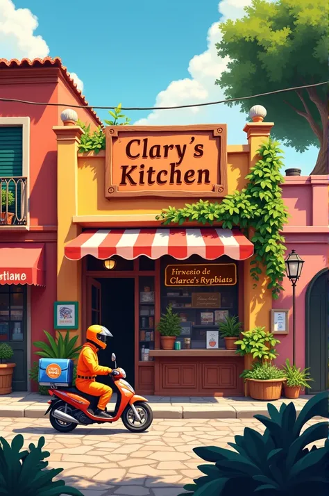 Image with the name in Spanish that says ,  Clarys kitchen with images of a motorcycle delivery 