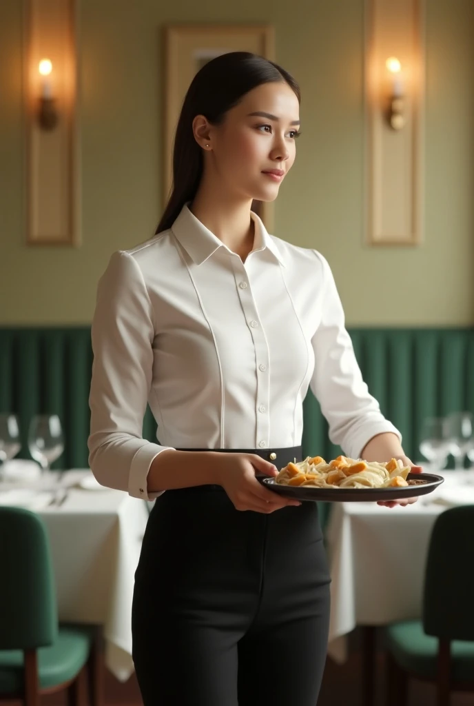  Waiter or waitress wearing a white shirt and black pants with a tray in his hands, on a green and cream restaurant background 