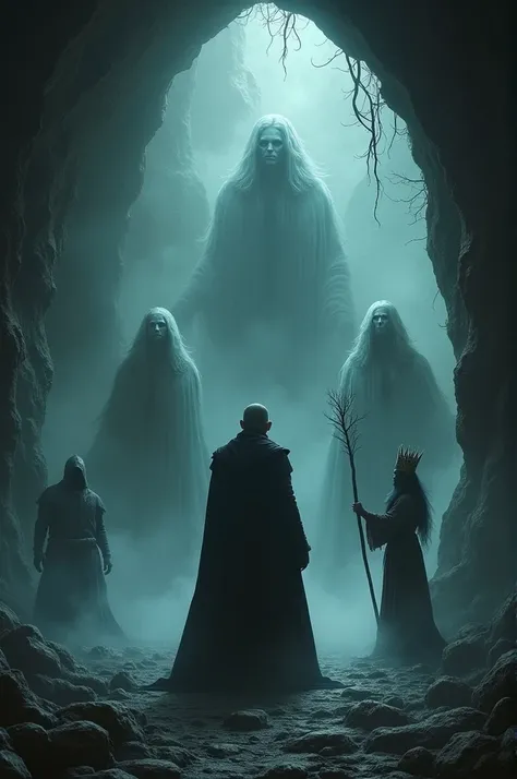 "A dim, smoke-filled cave where Macbeth stands before three witches. Strange apparitions surround them, including a crowned  holding a tree and a bloody warrior. Macbeth looks intensely at the witches, captivated by the surreal and eerie scene."