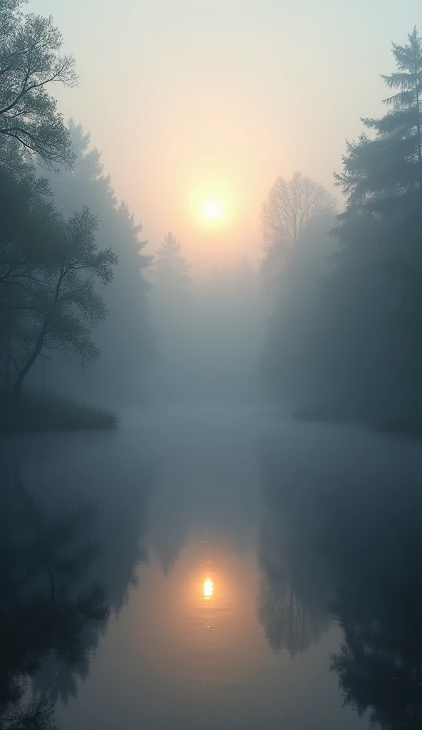  the morning forest shrouded in fog spreading along a quiet lake。 the surface of the lake is trees like a mirror 々and the sky is projected 、 the morning sun is floating vaguely in the fog 。 Fantastic and Mysterious Atmosphere 