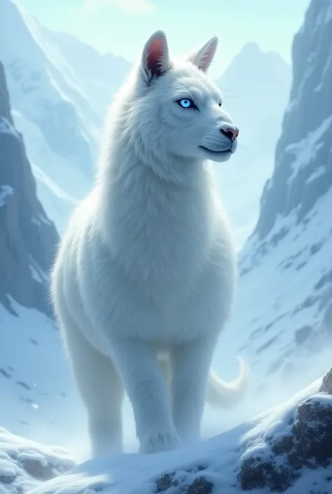 Merging a white llama with an ice tiger to become a beautiful and huge hybrid mythical animal 