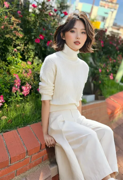 Japanese beauty wearing a white turtleneck knit、loose wavy short hair