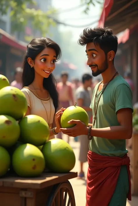 
A bustling street scene in India, featuring a cheerful young woman named Priya standing in front of a coconut vendors stall. The vendor, a middle-aged man with a friendly smile, is surrounded by fresh green coconuts stacked on his wooden cart. 
The vendor...