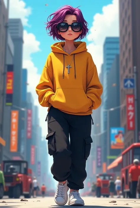 a girl, Short purple and red hair, silver cross necklace,Sunglasses, yellow sweatshirt, black cargo pants,WHITE TENNIS, earphones, holding her cell phone, walking through a big city