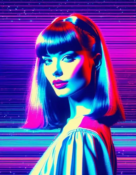 RGB Color Shift, chromatic aberration, RGB Shift, Video Glitch Photo Effect, Color Noise Texture, Video-like noise processing. Highly detailed, Romantic Retro Pop Background, vaporwave style. 80s, beautiful face Retro girl, neat straight bangs arranged hor...