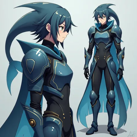  Full size image ,  full body, from head to toe,  in profile and in front of , Young boy, 19 years old, male anime character ,  the Bluefish ,  armor based on his animal spirit, warrior, fighter,  with metal armor , full body armor,  armor fights ,  taking...