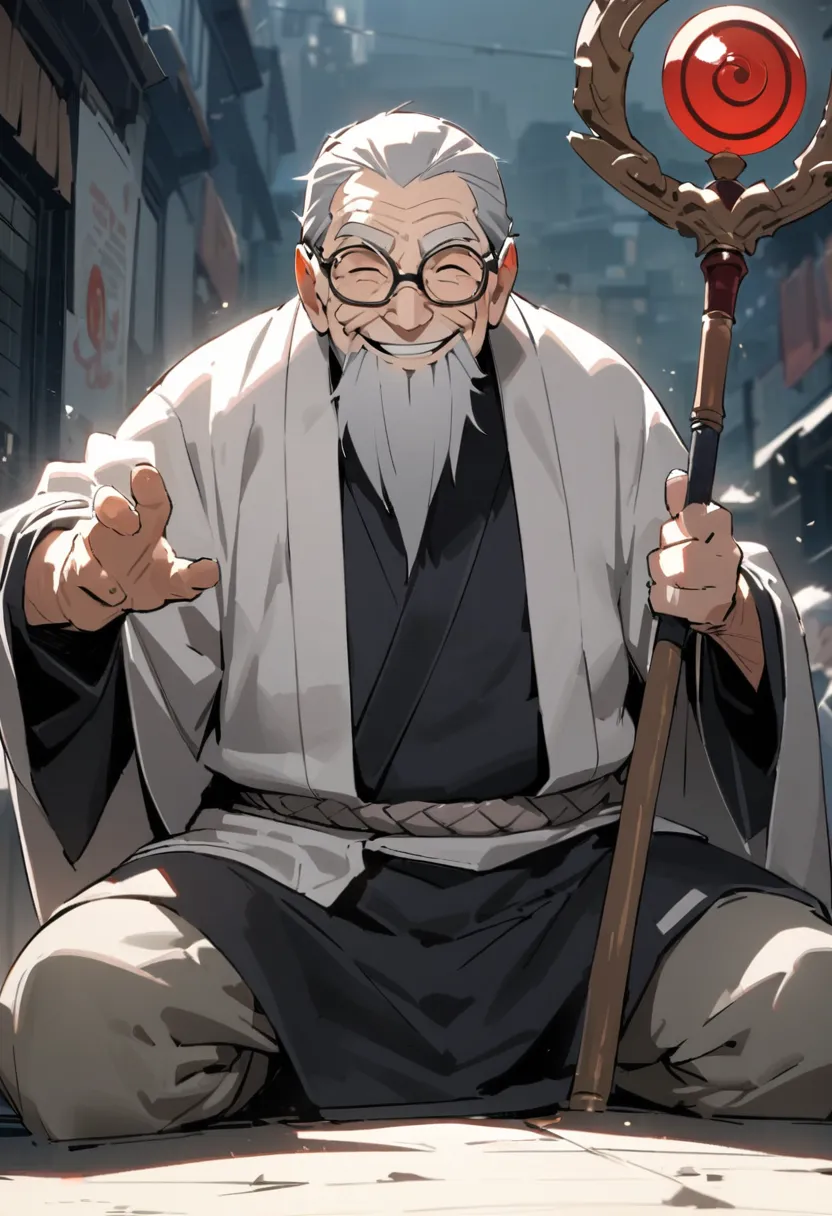 masterpiece, hyperdetail, naruto (series), grey hair, old man, smiling, 65yearsold, accurate, glasses, powerful, staff,