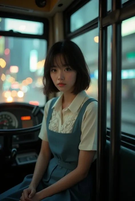 ultra-realistic, photorealistic, dramatic scene, shadow, global-illumination, solo, (20 years old Japanese famous idol girl:1.5), very beautiful fragile Japanese girl, very beautiful with very cute but boyish cool face, she is a young bus driver, sitting o...