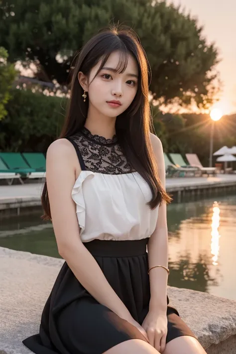  idol ,Long Hair , straight hair, Round face , bust up , Soft and beautiful, reflecting the tones of dusk, Combine a red lace top with an orange ruffled skirt to create a warm sunset-like color, and gold jewelry to create a romantic atmosphere., Frills, la...