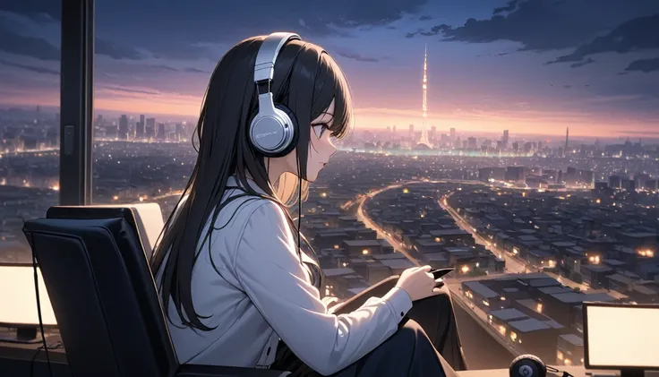 Black Butler watching the night view over the city of Delhi: Public School Arc cityscape 、woman、Listening to music with headphones