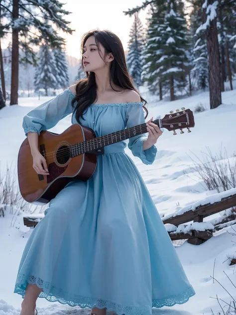 Beautiful woman with long hair wearing short blue dress, mobile guitar, standing on him with pine meadow, winter breeze