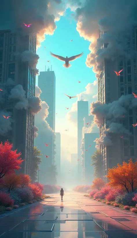  birds that suddenly appeared above the sky 、 transparent doors that shine in rainbow colors serve as entrances to future aerial cities 。Beyond the door, 、 A futuristic city with floating gardens and holograms going back and forth in the sky spreads out、 s...