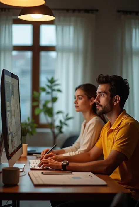  Modern office with a soft ,  with warm lighting and stylish interiors .  male and female ,  dressed in casual business clothes  ( man in a yellow polo shirt , Woman in light blouse),  sitting at a table ,  hanging lamps focus on the layout of the apartmen...