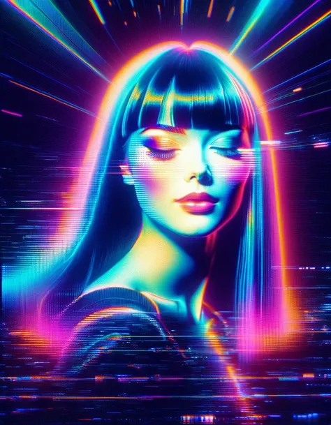 RGB Color Shift, chromatic aberration, RGB Shift, Video Glitch Photo Effect, Color Noise Texture, Video-like noise processing. Highly detailed, Romantic Retro Pop Background, vaporwave style. 80s, beautiful face Retro girl, neat straight bangs arranged hor...