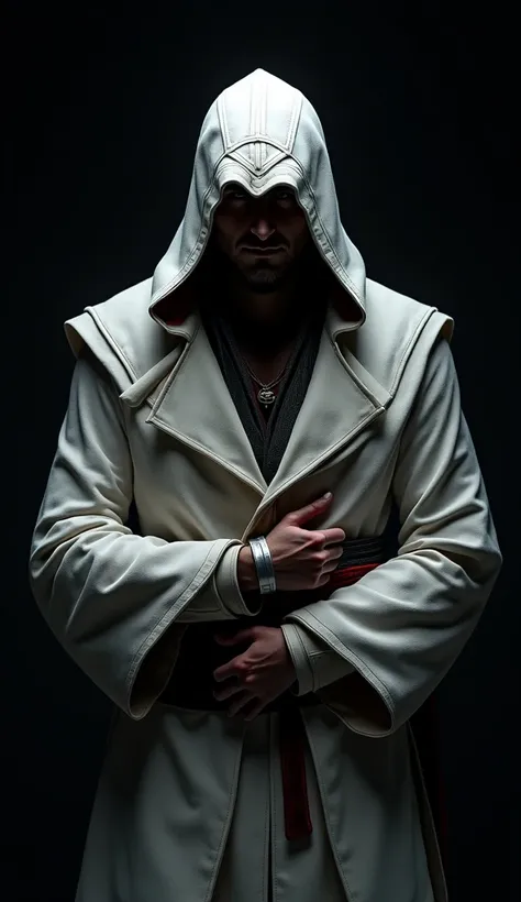 Ezio auditore in his iconic outfit standing , isolated on a dark black background.
(Make it detailed and cinematic) But it should be on a dark black background 
The inside of the hood should be black , his face should not be visible