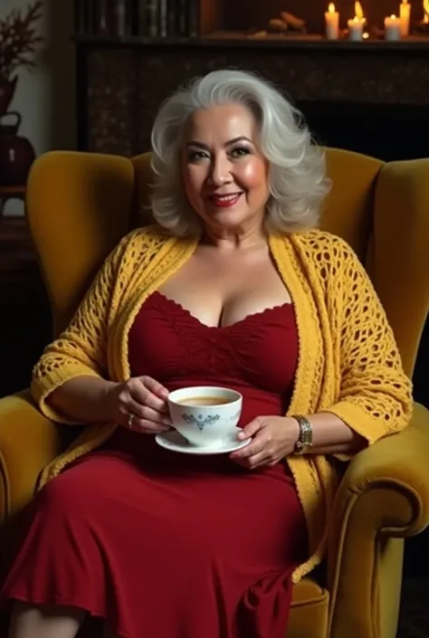 A one fashionable an older woman, 80years old, older, 1 plus size model, sexy and hot, chubby, silver wavy hair, huge boobs, xxxl big boobs, big hips, fashion model, nice face, bold makeup, smile, with an hourglass shape seated elegantly in a plush armchai...