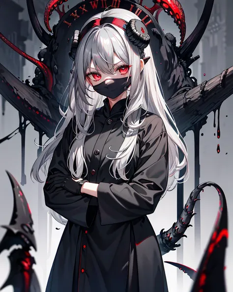 1 girl,Lonely，masterpiece，Best Quality，Gray Hair，Gray Hair，Gray Hair，red eyes，black，dark， HINOKI SCRAPER ，shadow，douchebag，sneer， Look Down，黑色的shadow，black viscous liquid，dark，dark，Stable，Cthulhu，Face masks，（black slime：1.5），black Blood Tears，Compound，cloc...