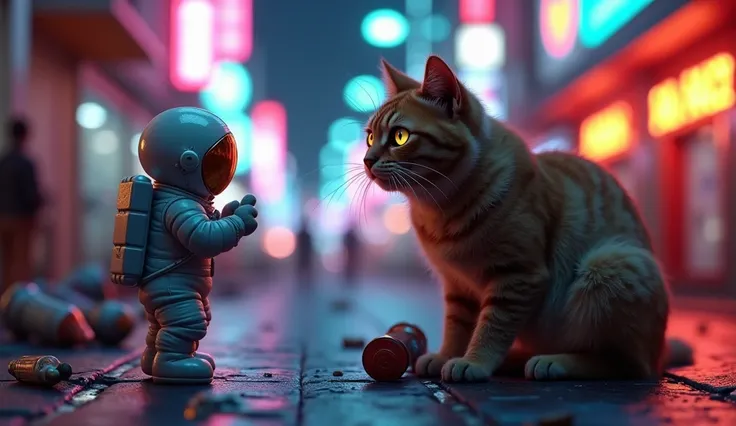 (masterpiece, best quality:1.2),
(8K, ultra-detailed, hyper-detailed, RAW photo quality, Unreal Engine rendering:1.3),
(view of a nighttime city street with neon lights in the background, while a tiny astronaut stands before a huge, adorable stray cat that...