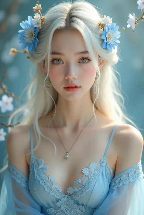 a young vietnamese woman with long, flowing platinum blonde hair, adorned with delicate blue and white flowers that complement her ethereal look. She is dressed in a light blue outfit with intricate lace detailing, giving her a soft and elegant appearance....