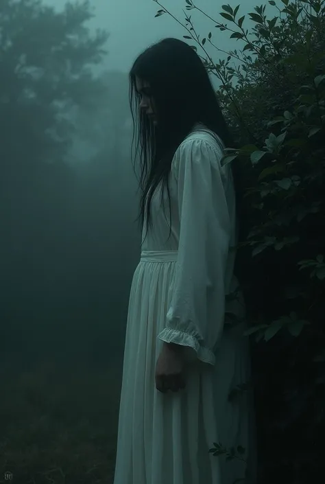 A ghostly woman in a white sari, with long, messy hair partially covering her face, standing beside a bush at night. She appears sad and eerie, casting a chilling presence in the foggy, dark surroundings.