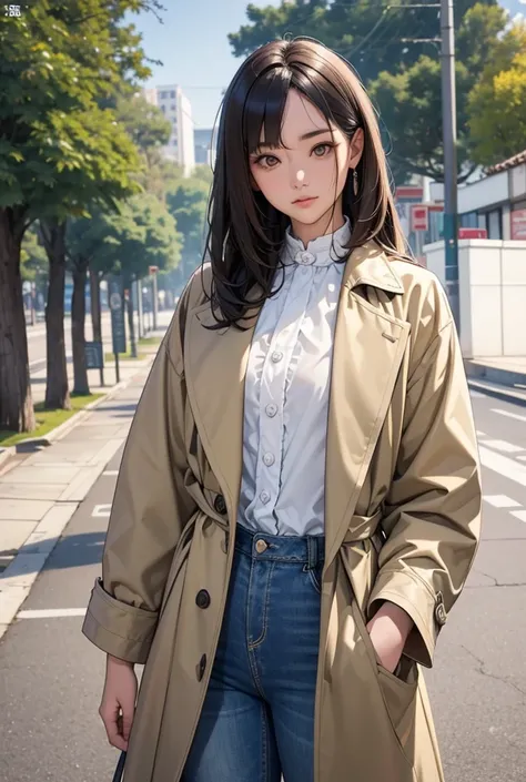  Chinese Girl，Around 20 years old，2. Slim height 3 .  round face 4 .  Danfeng eyes 5 .  eyes are brown in the sun ， not big or small 6 .  hair is straight ，The black one
7.  Wearing a white shirt with ruffles 、blue jeans and a long khaki trench coat