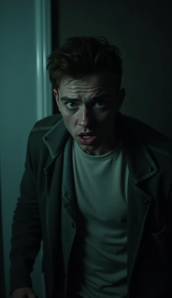 Hearing the voice a second time – In this scene, show James looking even more frightened and shivering, as if he senses someone’s presence behind him.
