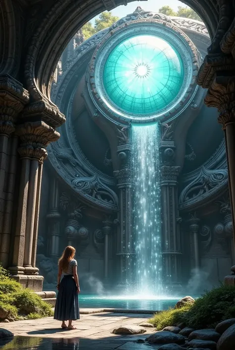 this image depicts a giant machine and a female guide standing beside it、 Gateway to Another World of Futuristic Science Fiction、 Mysterious Glowing Sphere 、 Beautiful, Alternate Scenery Beyond、 Exquisite Mechanics 、 A Woman Standing Gracefully on the Side...