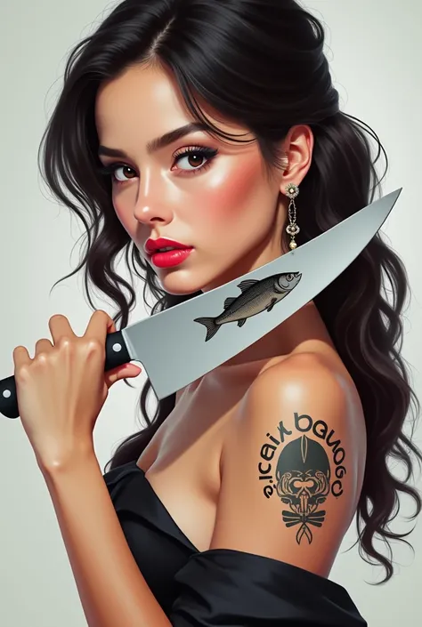 please create me a girl with a tattoo and a knife with bangus fish logo for my small business with a text "Zaih Bangus Boneless" pls logo for bussiness 