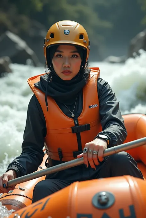 from a distance, } the sight of a rubber boat bobbing in a rough and rocky river ,  in the midst of a ferocious current . A beautiful young Korean woman wearing a hijab ,  wearing a rafting helmet brightly colored with a strong safety strap .  She wears a ...