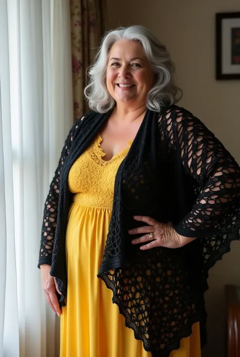 A one fashionable an older woman, 80years old, older, 1 plus size model, sexy and hot, chubby, silver wavy hair, huge boobs, xxxl big boobs, big hips, fashion model, nice face, bold makeup, smile, standing by her bedroom window, wrapped in a loosely draped...