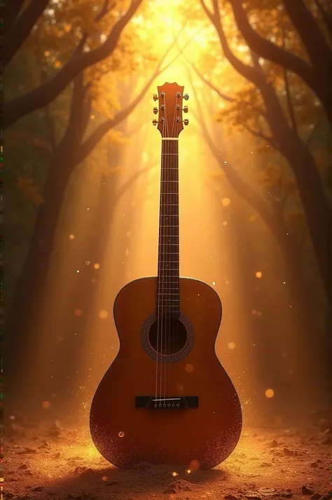 A guitar with strings extending outward as if creating a pathway. Include abstract elements like stars or sparks to symbolize creativity and growth.Colors: Warm earthy tones—amber, rusty orange, and dark brown—with a soft spotlight effect.