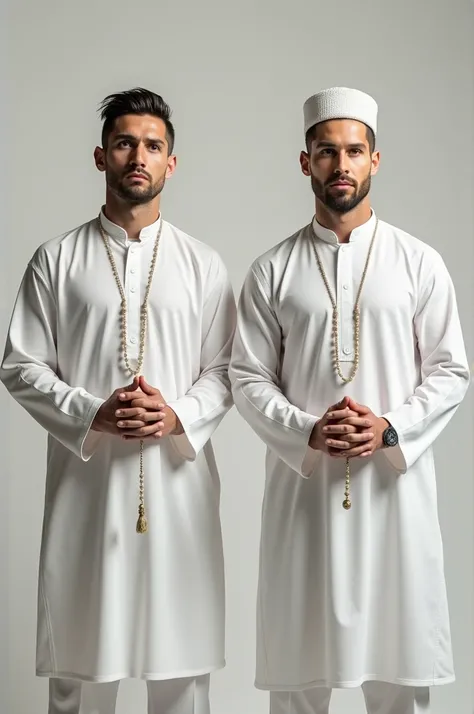 Ronaldo and messi wearing white shalwar, qameez.
Tasbih on their hand .
And wearing Islamic hat.
Real ronaldo and messi.
Picture from frond view.
Both ronaldo and messi are without beared 