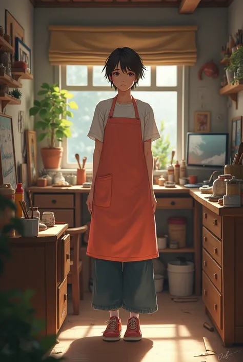 A character wearing a salmon apron in a small studio 