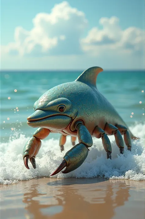 Hybrid of dolphin and crab walking near sea