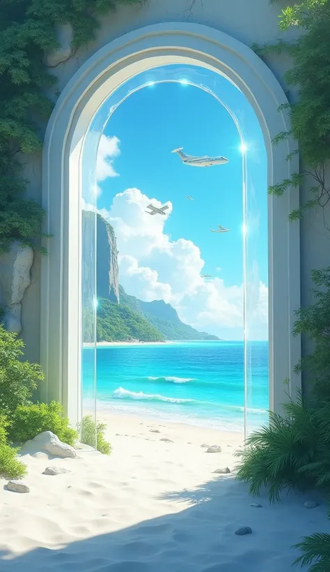  a paradise-like city where flying vehicles come and go 、 A transparent crystal door appears as an entrance to a future resort city。Beyond the door, 、 white beaches and blue seas spread out 、 A paradise city where flying vehicles come and go 。Childrens lau...