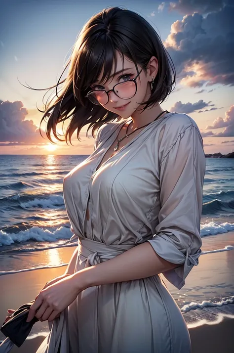 Summer coastline in the evening、I can see the horizon、A lighthouse in the distance、A very beautiful sight、There、 very beautiful woman、 short bob、Double、Beautiful and gentle、The gaze is strong、 Male keyboardist wearing glasses 、People who can do their job、３...