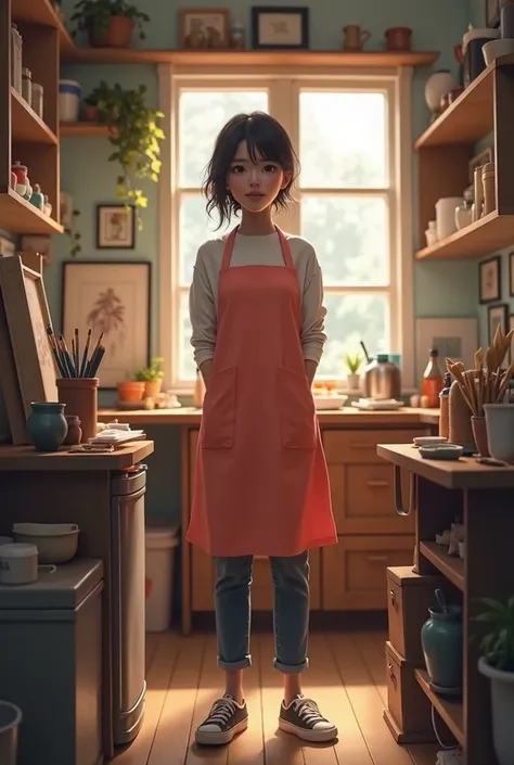 A character wearing a salmon apron in a small studio 