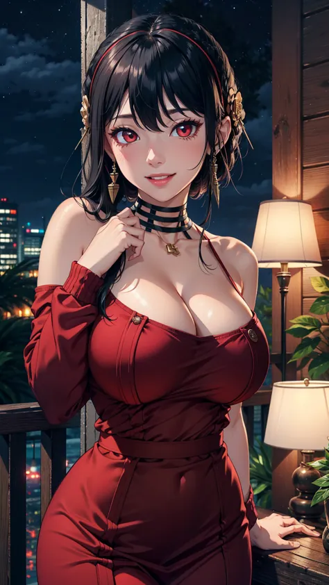 Masterpiece, ultra detail, high quality, 8k cg, blush, bright eyes, standing, outdoors, smile, (night:1.5), slim body, narrow waist, large breast,yor briar, long hair, black hair, red eyes, off shoulder, red sweater dress, pantyhose, earrings