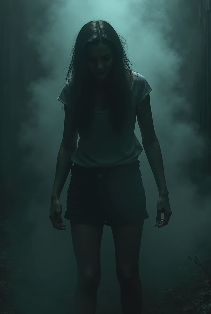 : A young woman looking down at her legs in fear, feeling unable to move. The scene is dark and foggy, with an atmosphere of dread as she struggles against an unseen force holding her in place.