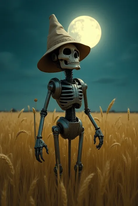 Cartoon robot, standing on a wheat field dressed as a scarecrow. Robot is shiny, made with metal parts. Robot has a face that resembles a skull. Its night with full moon. Robot is Broken, trying to repair itself with a screwdriver.