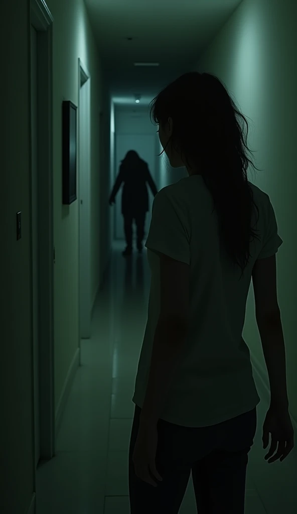 Ultra-realistic image of the same corridor, now dark after the artificial light has been turned off. In the foreground, the woman is visible only from the waist up, positioned to the left and facing the wall where the light switch is located. She appears f...