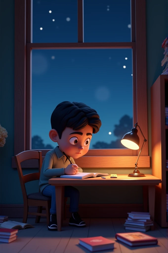 In cinematic 3D cartoon style"Ramoos Determined Study"Description: Ramoo studying late at night, sitting in a small room with a dimly lit lamp. The room is simple, with books scattered on the floor and a wooden table. His face shows intense concentration a...