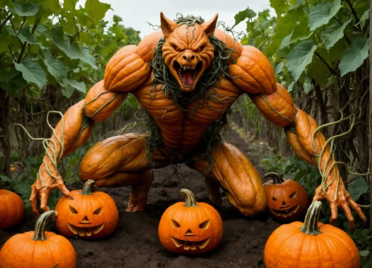 After trespassing into a haunted pumpkin patch, a man falls to his hands and knees as he transforms into a pumpkin beast. His penis turns into a thick vine that grows downward and roots itself into the soil below. His rear becomes a pumpkin with its stem b...